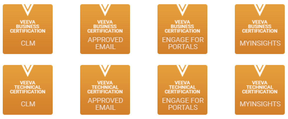 Badges Veeva Business et Technical Certification : CLM, Approved Email, Engage et MyInsights